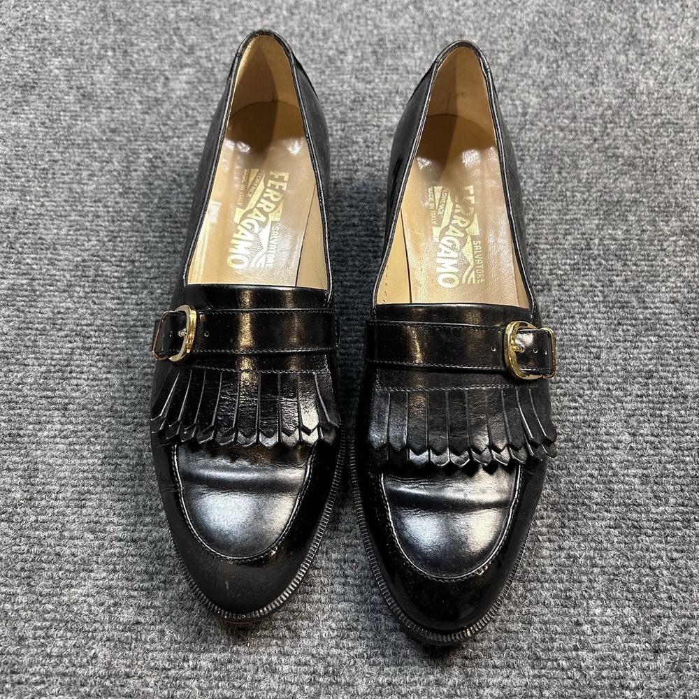 Salvatore Ferragamo Loafers Kiltie Fringe Women 7.5C Black Patent Leather Italy